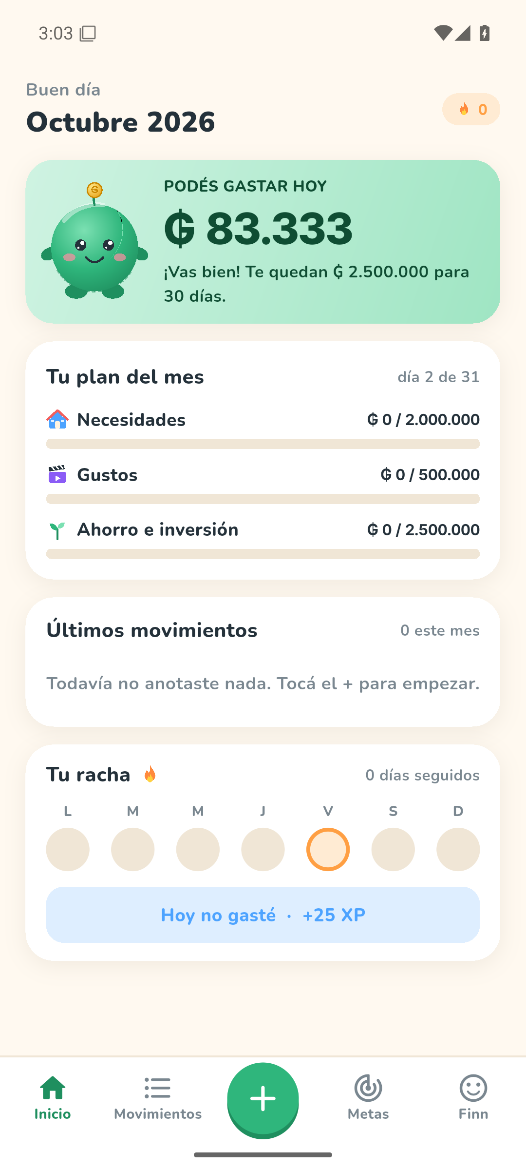Pantalla de inicio de AltFin con ₲ 83.333 para gastar hoy